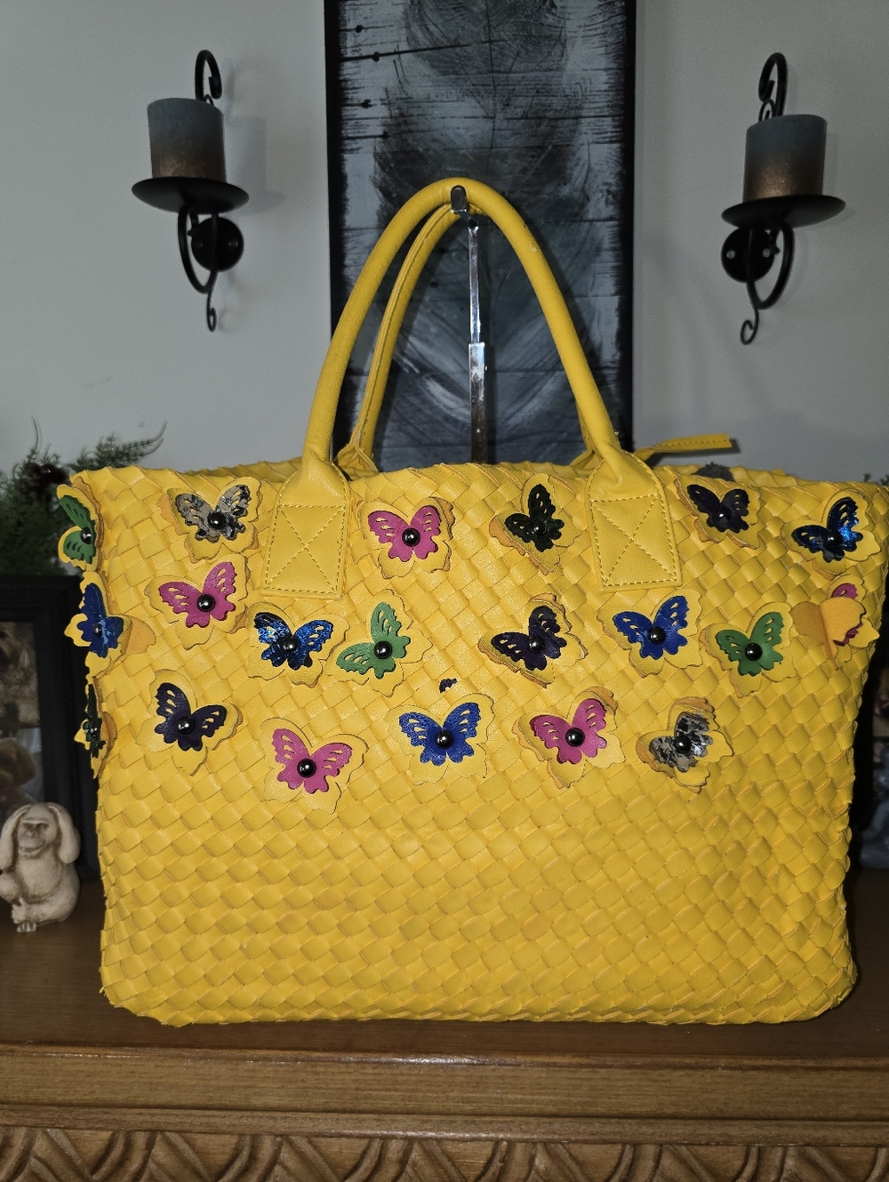 Large Woven Vegan Leather Tote With Butterfly Appliques. GUC